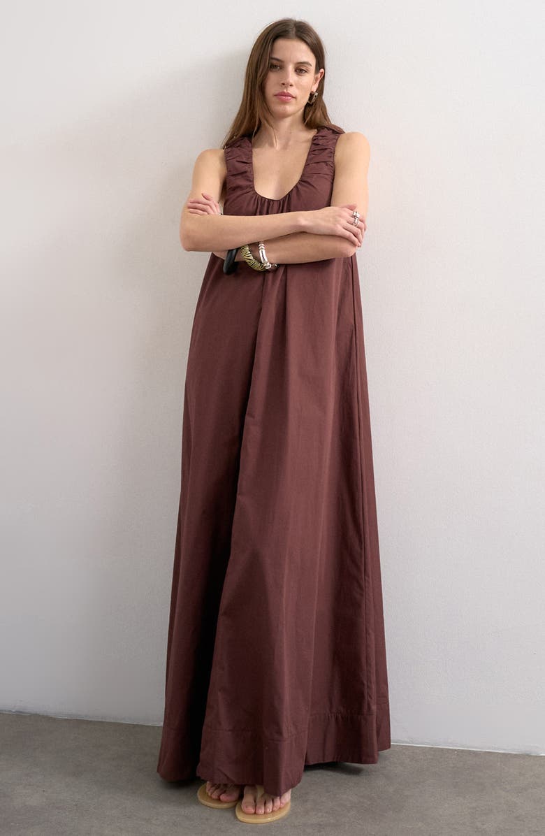Topshop Ruched Cotton Poplin Maxi Dress, Main, color, Brown