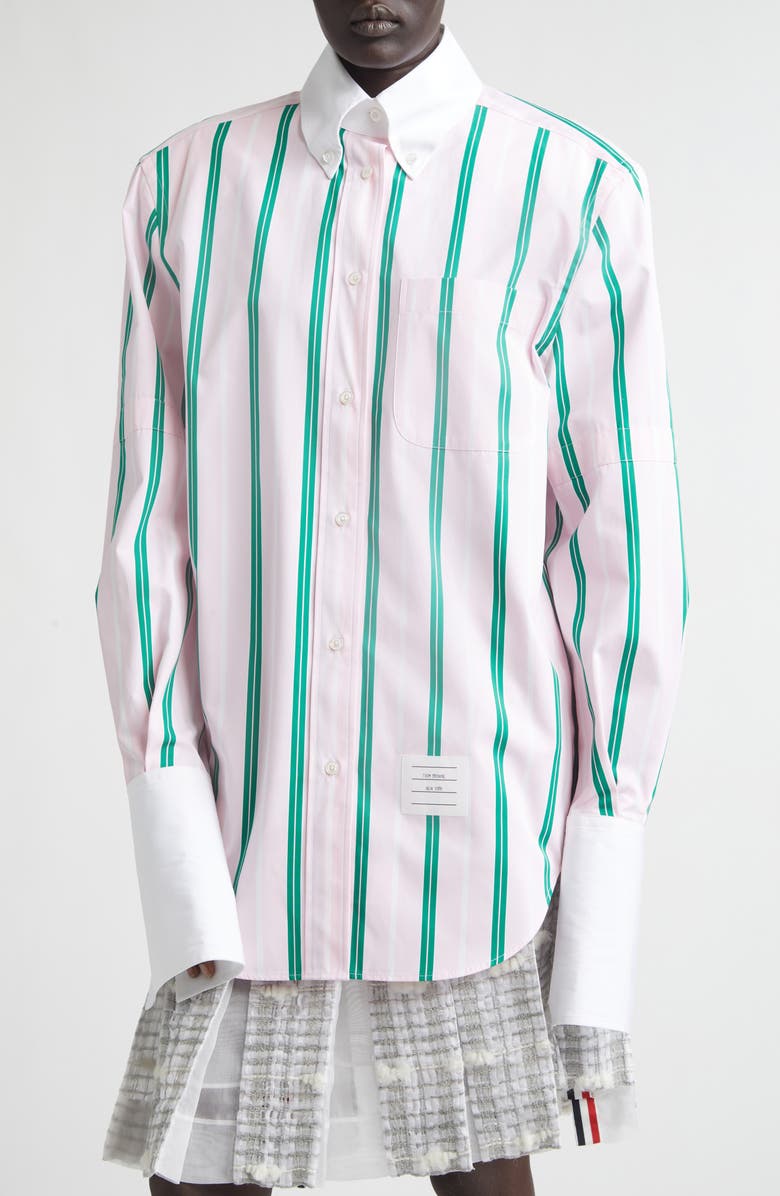 Thom Browne Repp Stripe Oversize Button Armband Cotton Poplin Button-Down Shirt, Alternate, color, Light Pink