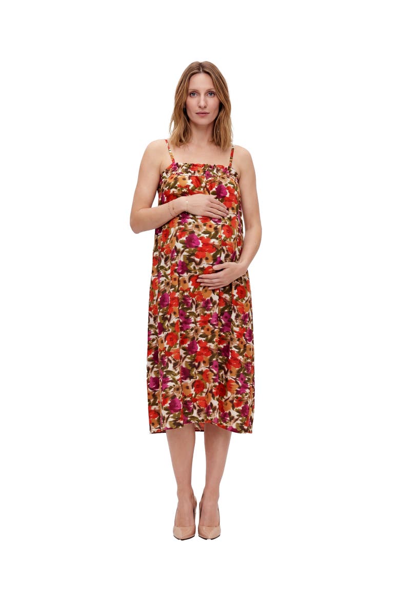 Maternity Essential Abstract Print Spaghetti Strap Smocked Pocket A-Line Maxi Dress, Main, color, Red Multi