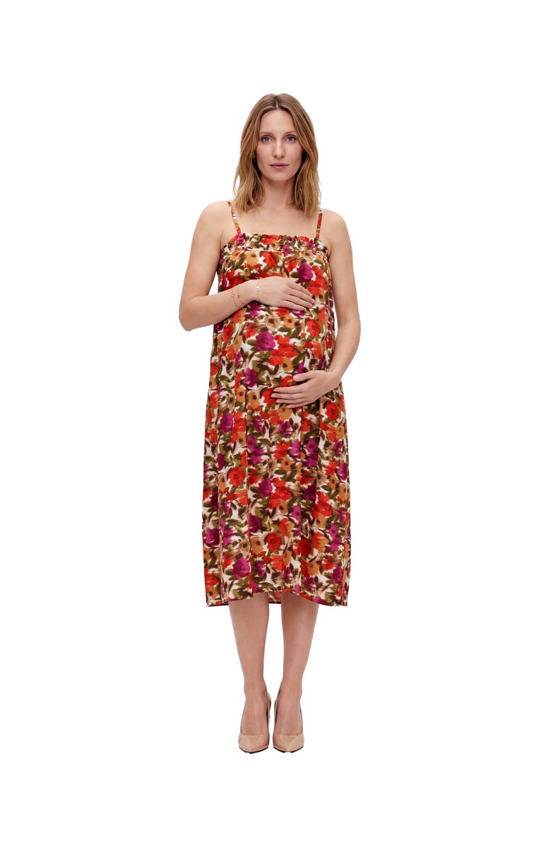 24seven Comfort Apparel Maternity Essential Abstract Print Spaghetti Strap Smocked Pocket A-Line Maxi Dress, Main, color, Red Multi