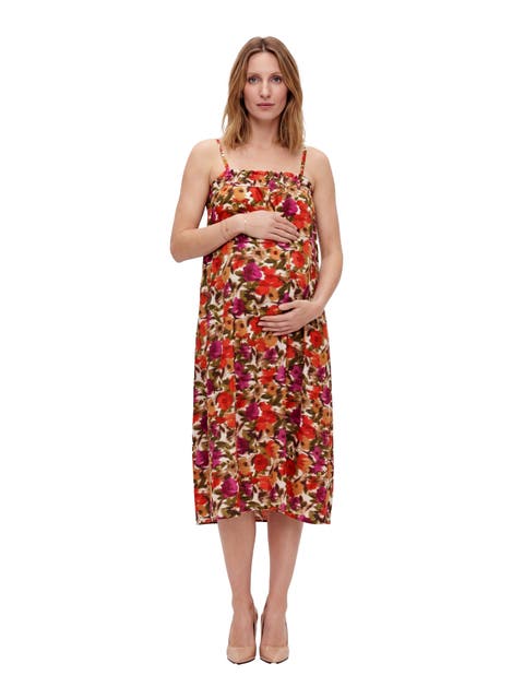 Maternity Essential Abstract Print Spaghetti Strap Smocked Pocket A-Line Maxi Dress