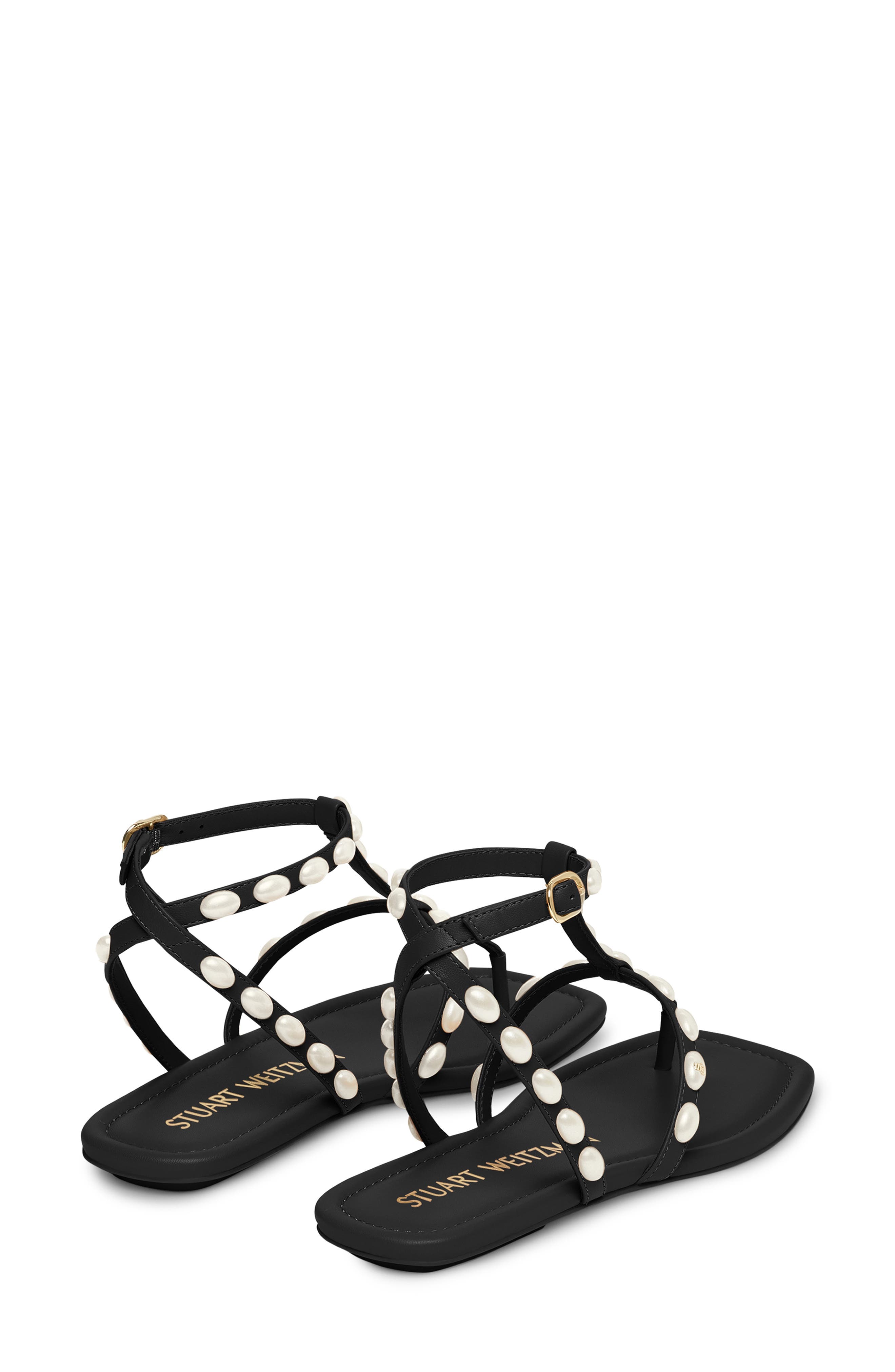 Stuart Weitzman Pearlita Flat Sandal, Alternate, color, Black