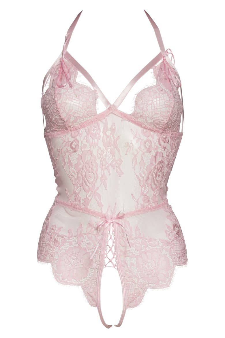 Open Gusset Lace Teddy, Main, color, PINK