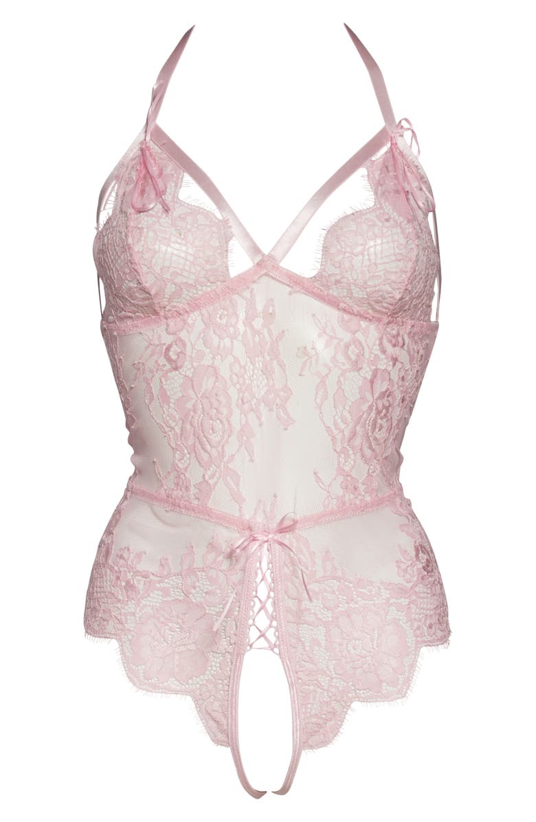 Coquette Open Gusset Lace Teddy, Main, color, Pink
