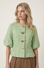 Modenaire Elegant Puff Sleeve Top with Metallic Button Accents