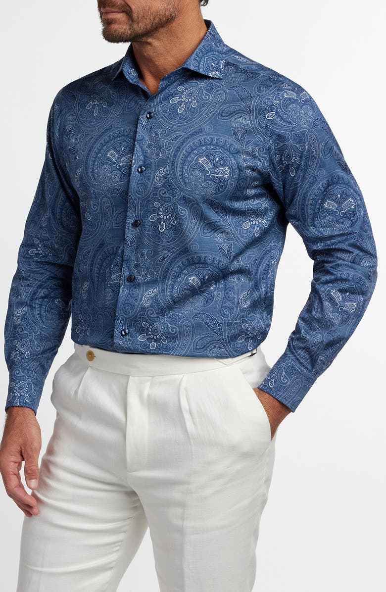 David Donahue Paisley Print Cotton Button-Up Shirt, Main, color, Navy