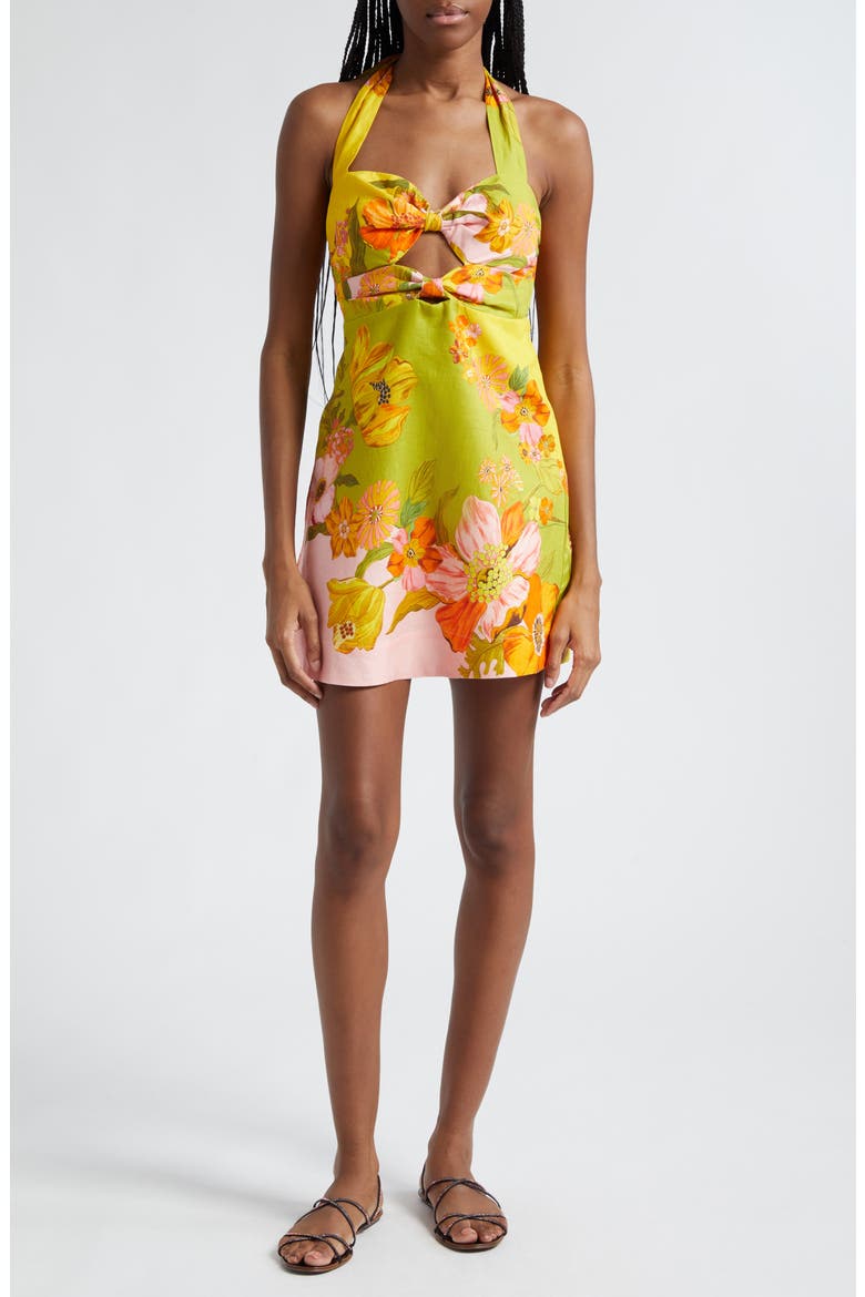 Silas Floral Print Linen Halter Minidress, Main, color, MULTI GREEN