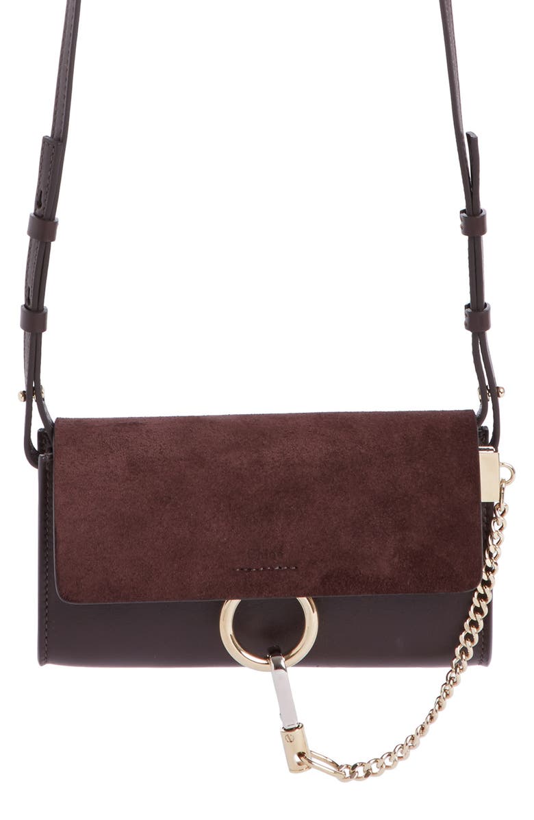 Chloé Mini Faye Suede & Leather Wallet on a Chain, Main, color, 