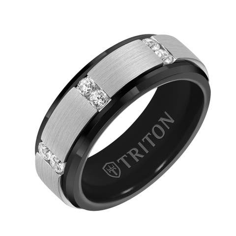 8MM Tungsten Diamond Ring with Vertical Channel Set Silver Satin Finish and Bevel Edge