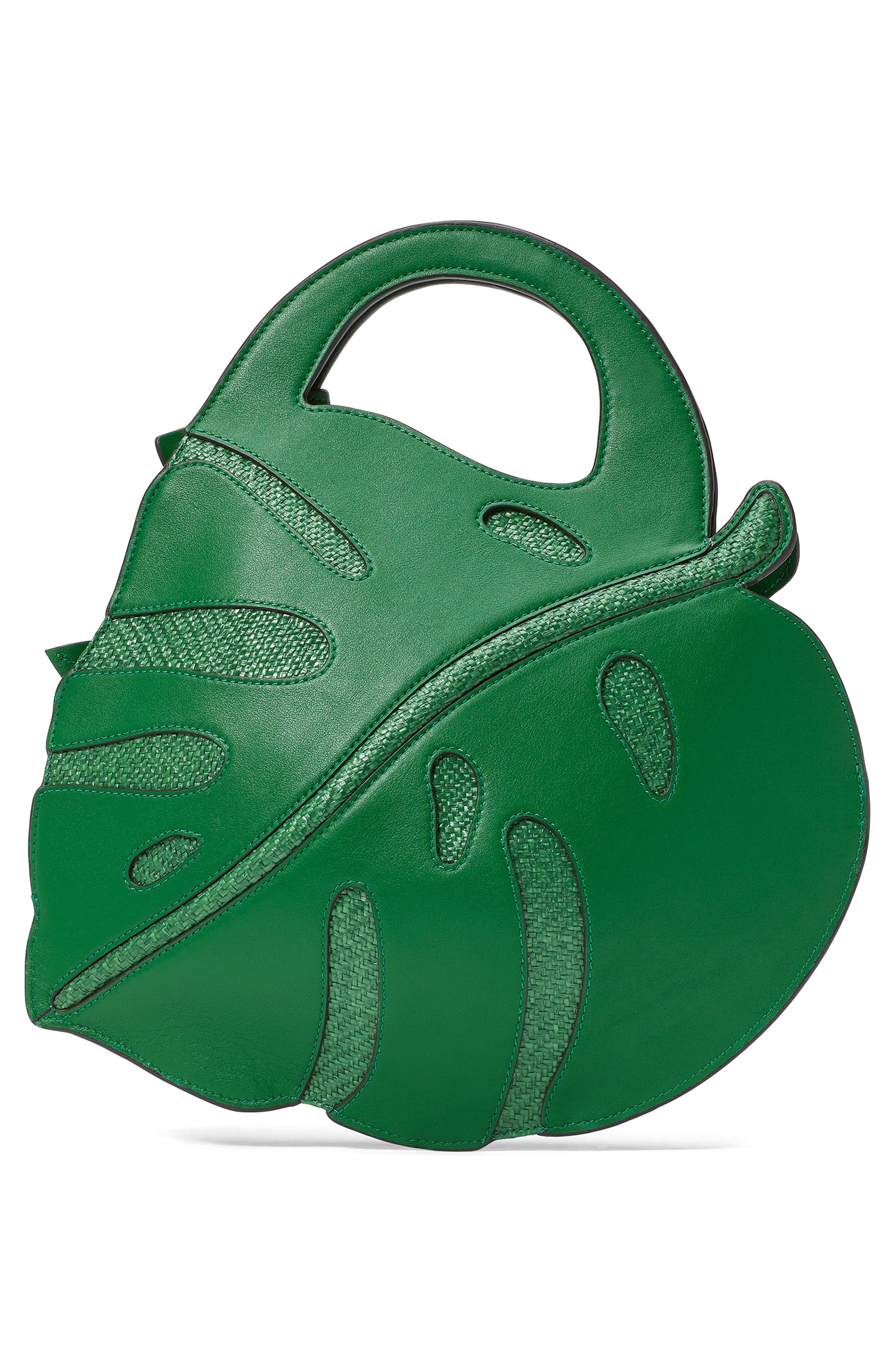 Kate Spade New York playa 3D leaf leather & straw top handle bag, Alternate, color, 