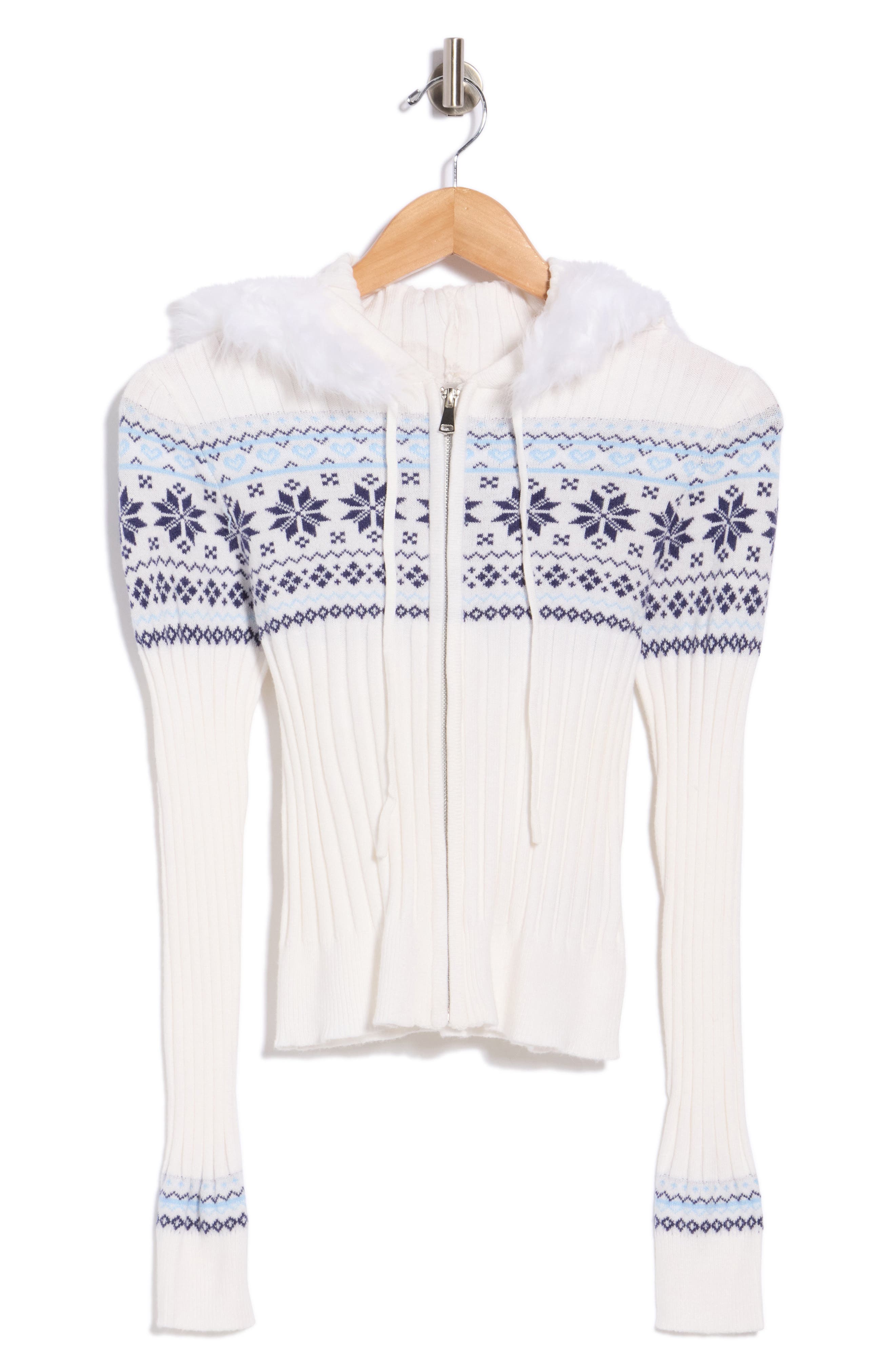 Faux Fur Trim Jacquard Hooded Cardigan