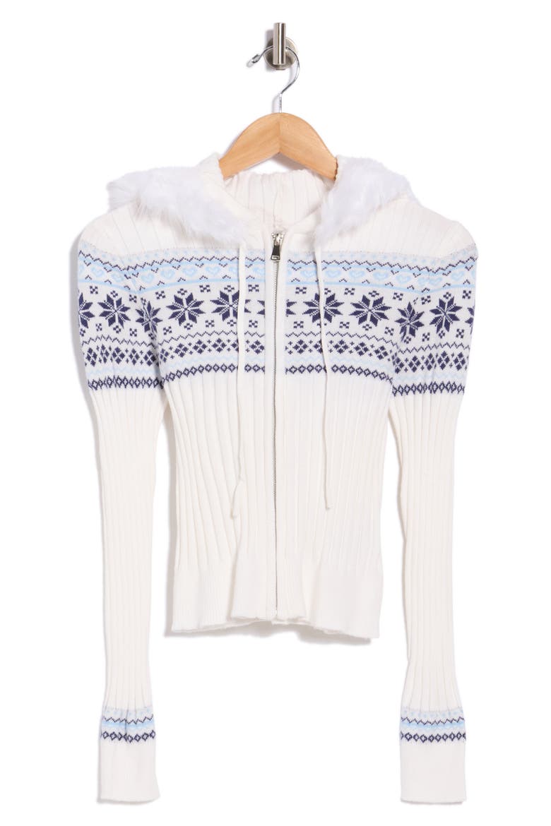 Faux Fur Trim Jacquard Hooded Cardigan, Alternate, color, IVORY COMBO