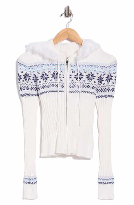 Faux Fur Trim Jacquard Hooded Cardigan