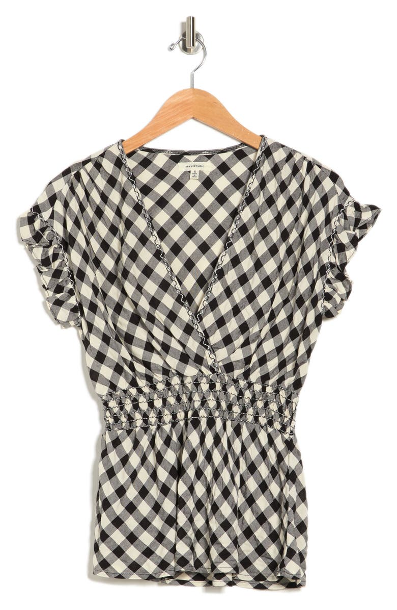 MAX STUDIO Gingham Smocked Waist Flutter Blouse, Alternate, color, Black