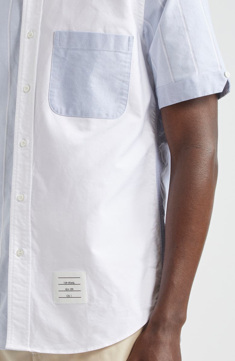 Thom Browne Straight Fit Colorblock Short Sleeve Cotton Button-Down Shirt, Alternate, color, 