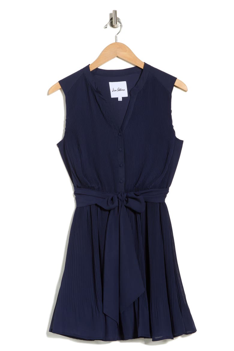 Pleated Tie Waist Dress, Alternate, color, NAVY