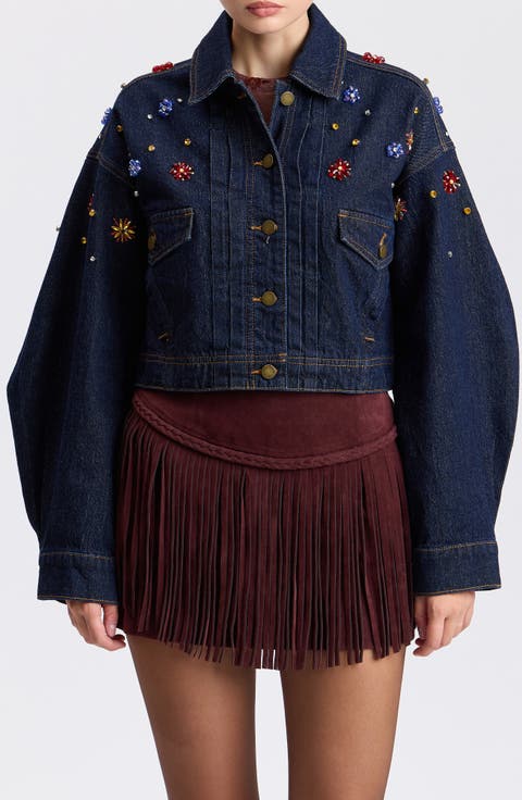 Crystal Embellished Crop Denim Trucker Jacket