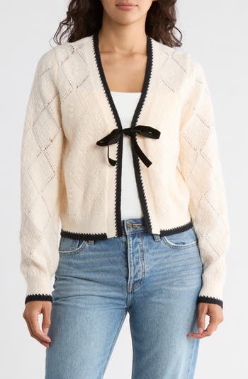 Ribbon Tie Front Pointelle Cardigan