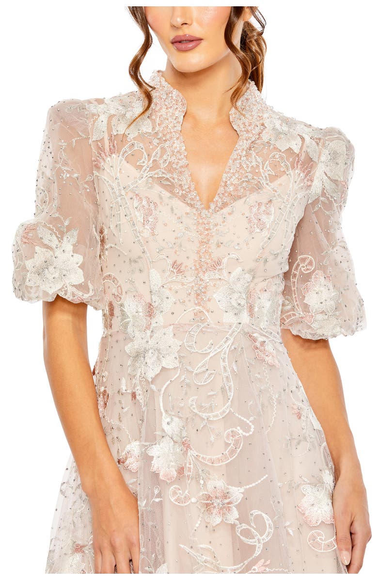 Mac Duggal Petite Embroidered Queen Anne Puff Sleeve A Line Gown, Alternate, color, Blush