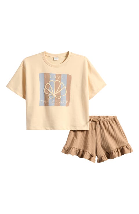Kids' Beach Cotton Graphic T-Shirt & Ruffle Trim Shorts Set (Little Kid)