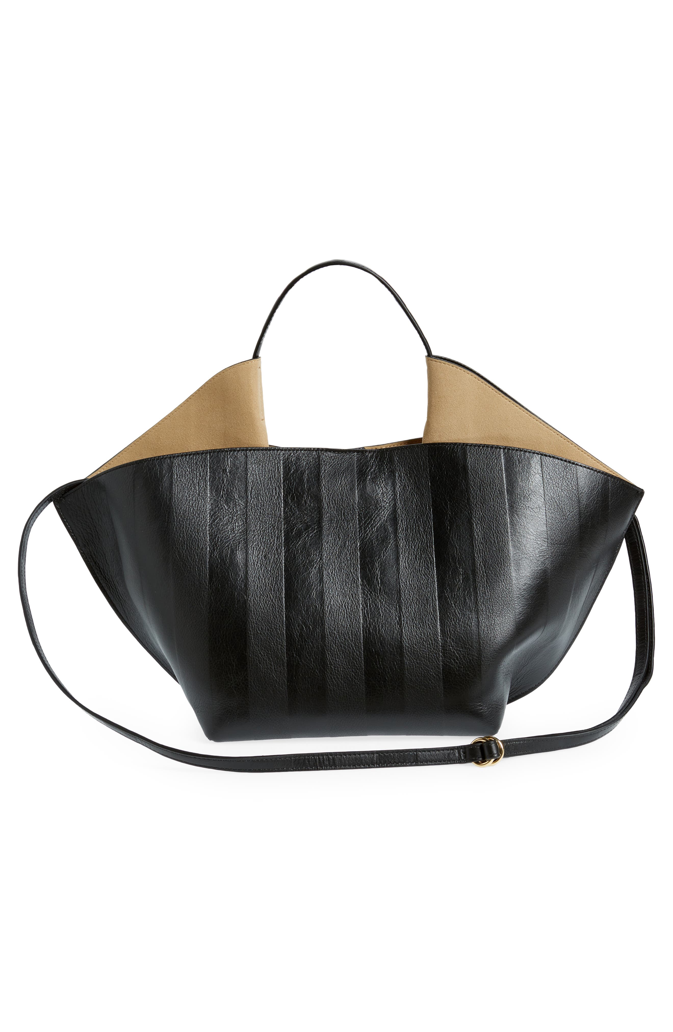 Medium Ann Soft Stripe Embossed Leather Tote, Alternate, color, BLACK
