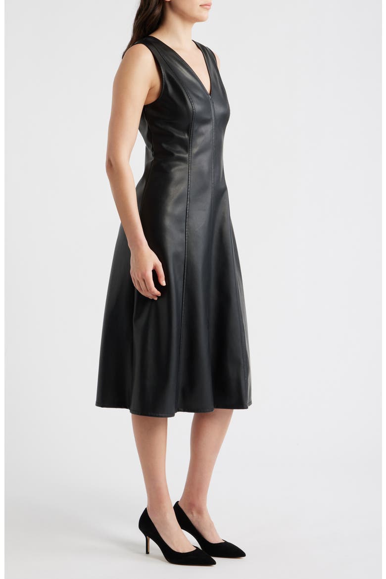 V-Neck Faux Leather Fit & Flare Midi Dress, Alternate, color, BLACK