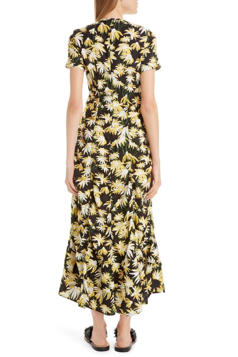 Daisy Print Gathered Cotton Midi Dress, Alternate, color, BLACK/ YELLOW