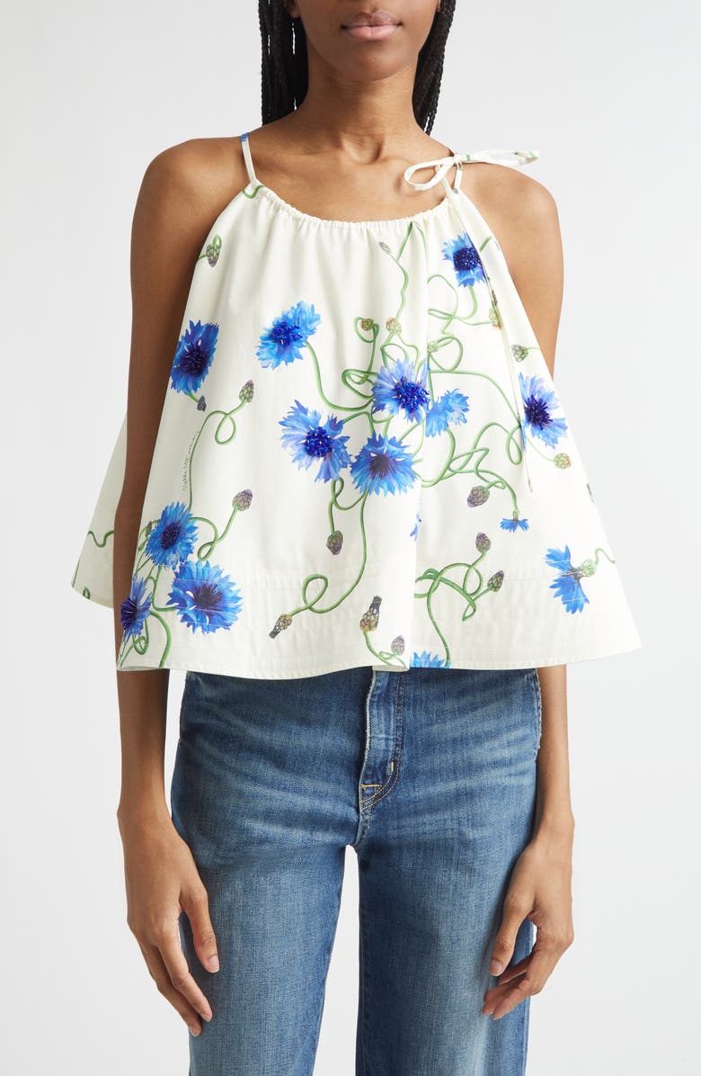Stella McCartney Embellished Floral Print A-Line Halter Top, Main, color, Cornflower