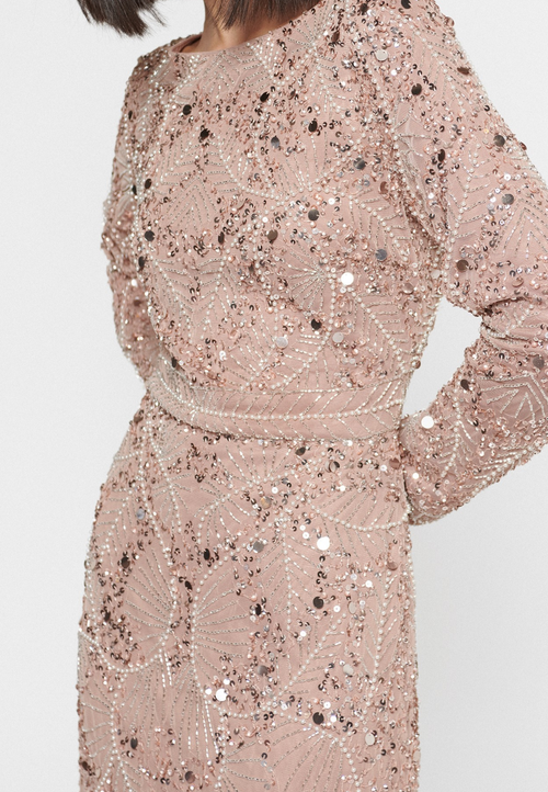 Shop Maryisa Occasion Modest Embellished Sequin Beaded High Neck Evening Dress In Taupe Blush