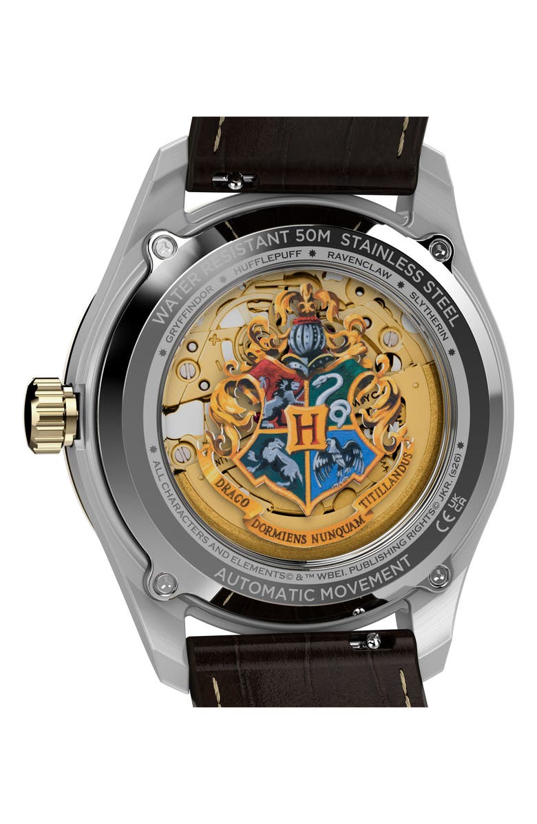 Timex<sup>®</sup> Harry Potter x Timex Waterbury Skeleton Automatic 39mm Leather Strap Watch, Alternate, color, Silver/ Gold Tone