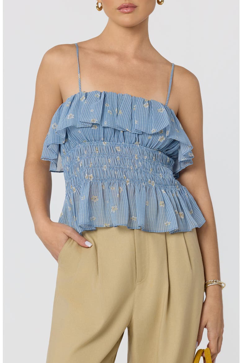 Carmelitha Ditsy Floral Gingham Ruffle Trim Peplum Top, Alternate, color, NAVY FLORAL GINGHAM