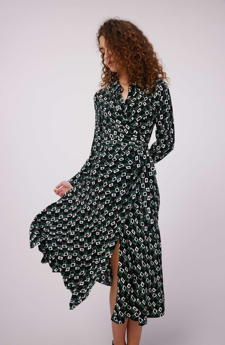 DVF Geo Print Long Sleeve Midi Wrap Dress, Alternate, color, 