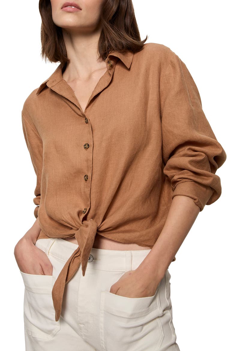 More Love Tie Front Linen Blend Top, Alternate, color, TOASTED COCONUT BROWN