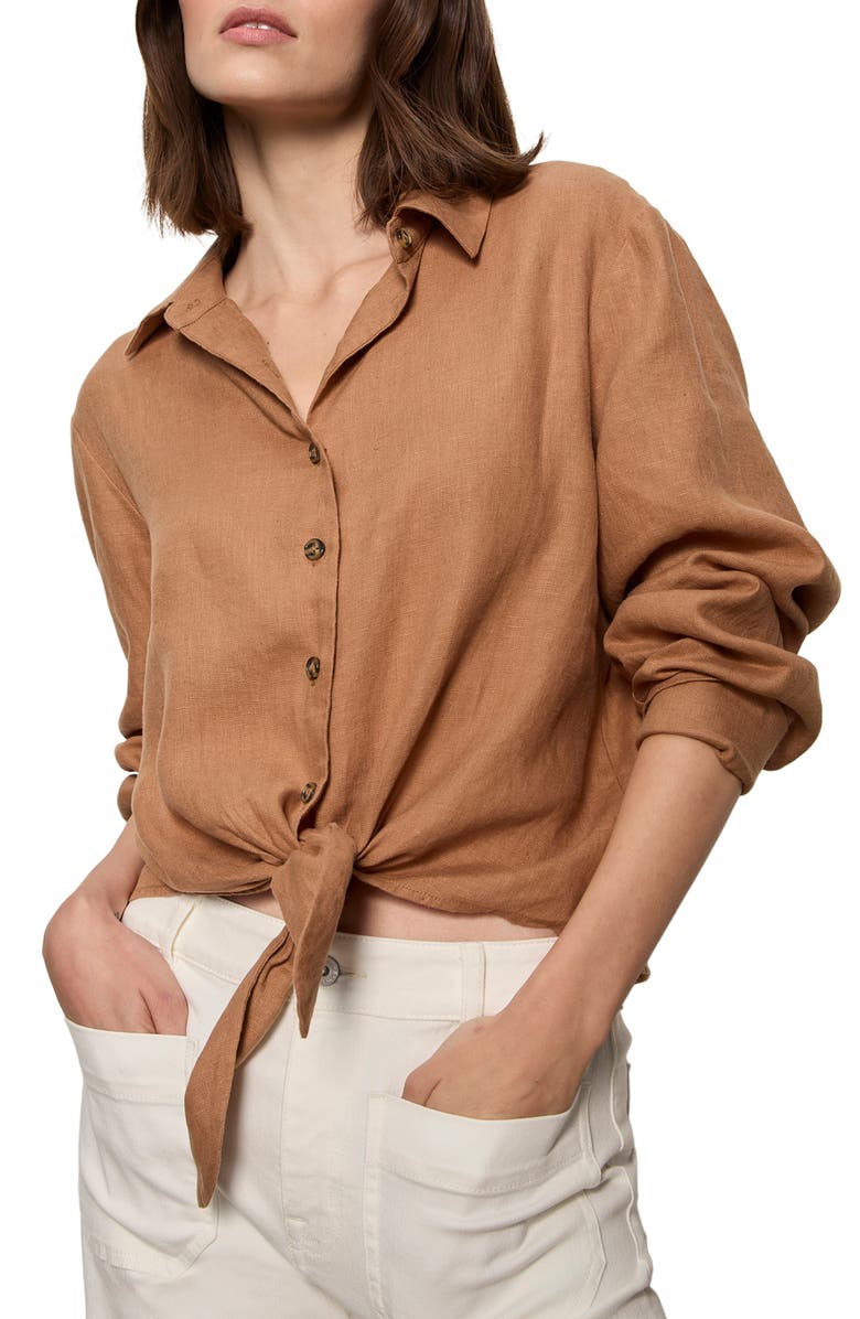 Sanctuary More Love Tie Front Linen Blend Top, Alternate, color, Toasted Coconut Brown