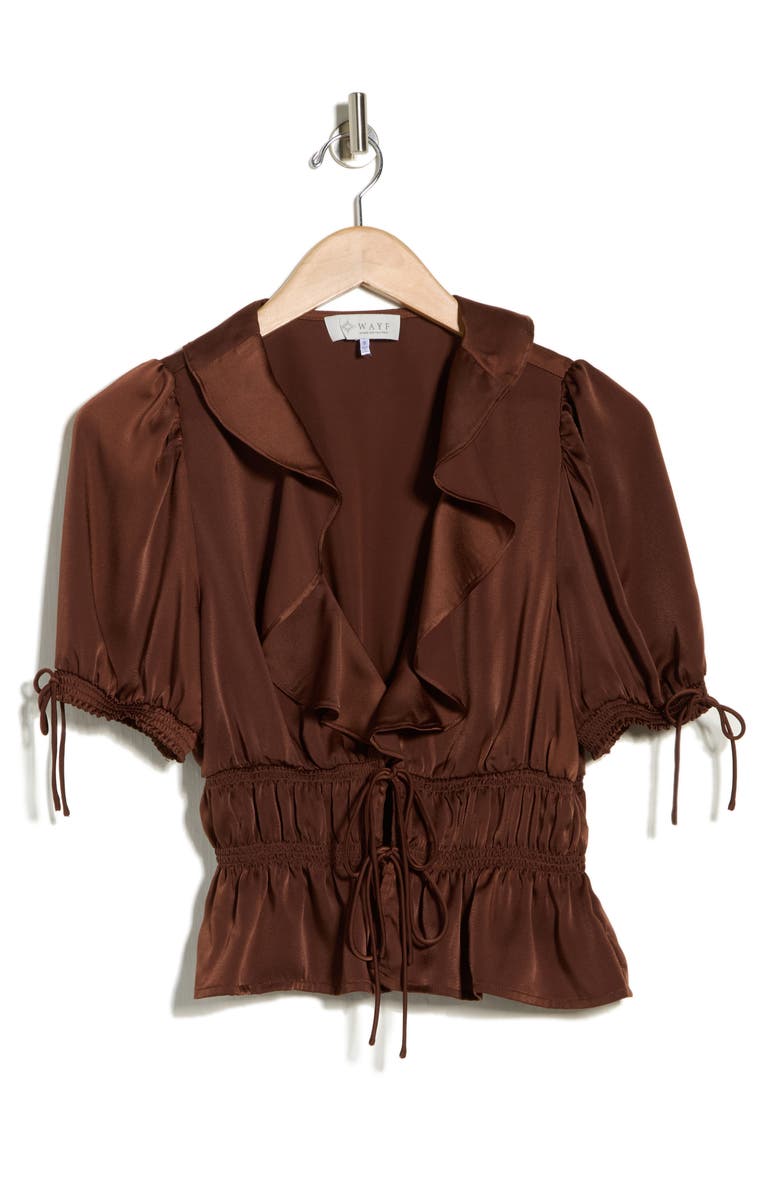 WAYF Ruffle Tie Front Top, Main, color, Espresso