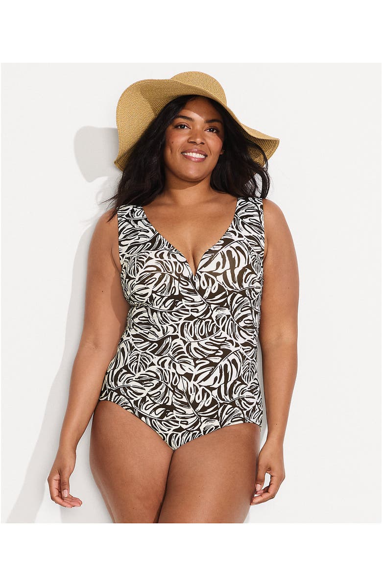Lands' End Sculpting Suit Sweetheart V-Wire High Leg One Piece Swimsuit, Alternate, color, Brown Mini Tropic Leaves
