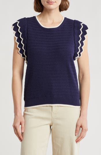 Democracy Scalloped Cap Sleeve Sweater In Blue