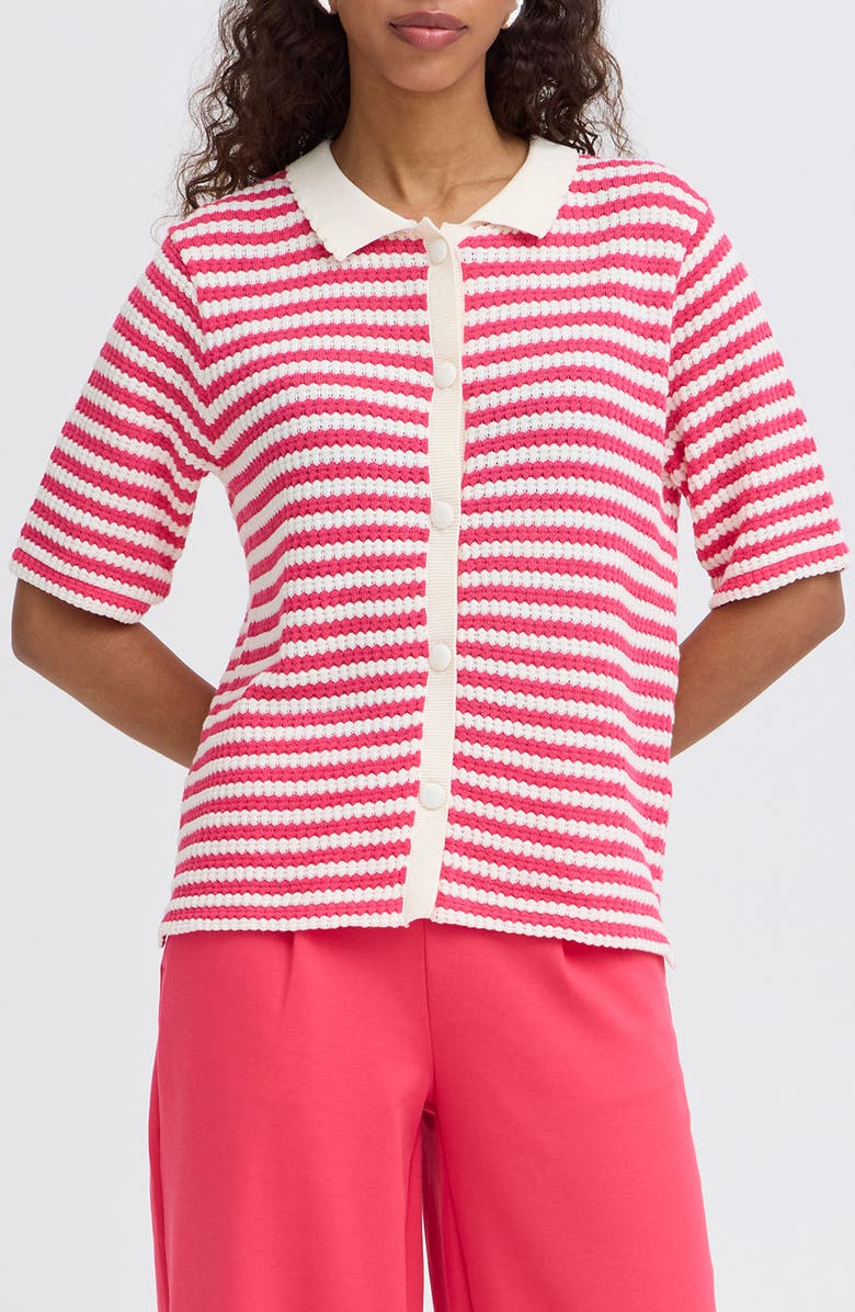 ICHI Button Front Knit Shirt, Main, color, Azalea Birch Stripe