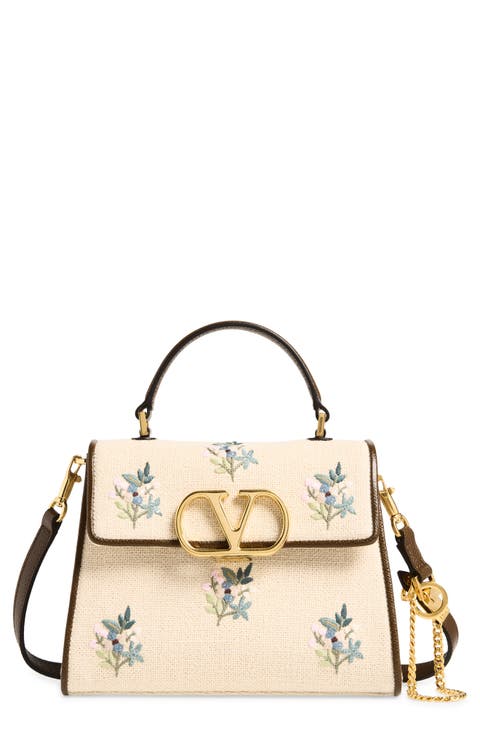 Small VSling Embroidered Linen Top Handle Bag