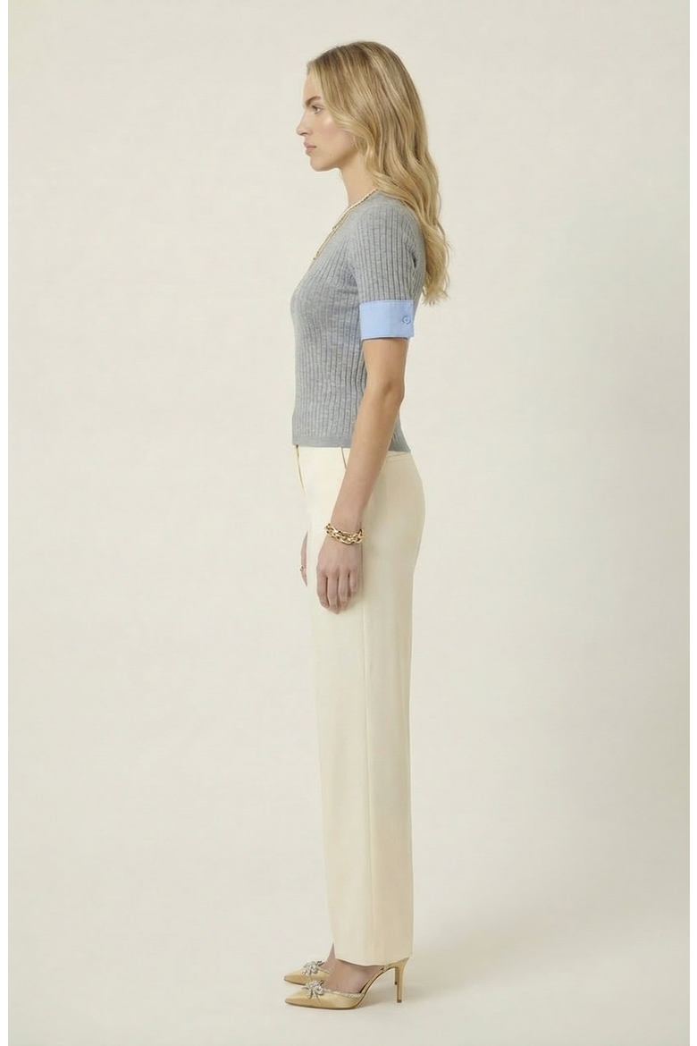 Ribbed Knit Short Sleeve Top, Alternate, color, Heather Grey / Light Blue