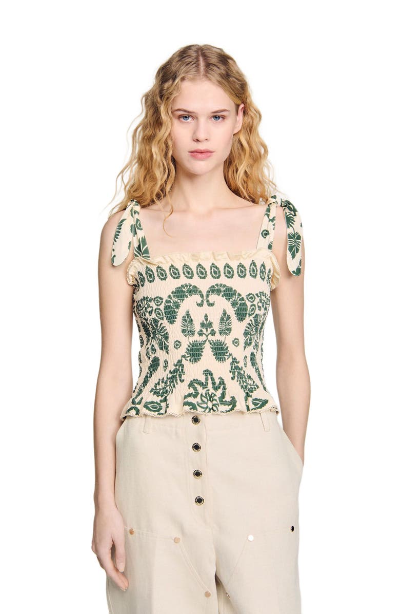 SANDRO Floral motif smocked top, Alternate, color, 