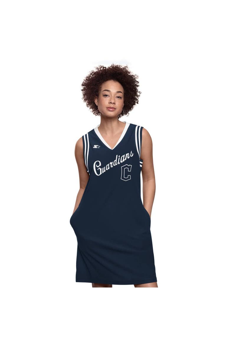 Women's Starter  Navy Cleveland Guardians Fast Track Sneaker V-Neck Dress, Main, color, Navy