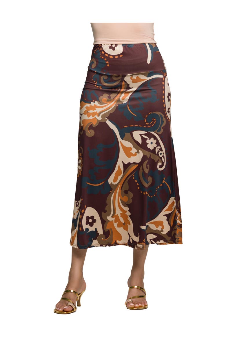 24seven Comfort Apparel Elastic Waist Maxi Skirt Print, Main, color, Brown Multi