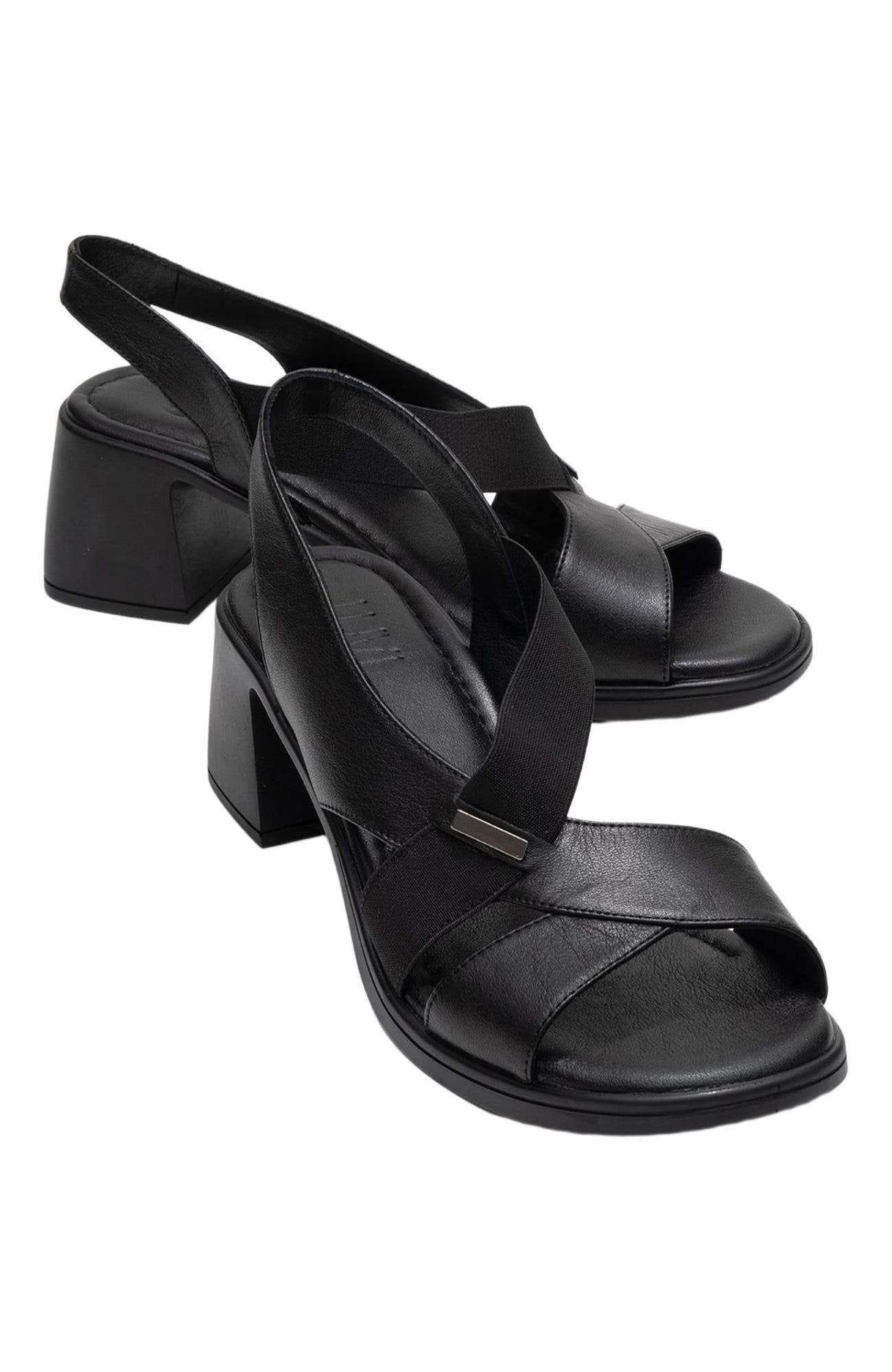 Forever & Always Shoes Crina Elasticated Leather Chunky Heel Sandal, Main, color, Black Leather