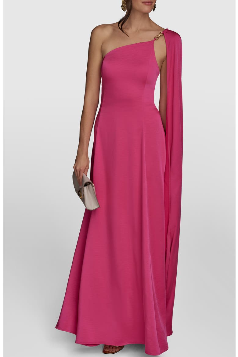 One-Shoulder Cape Detail Gown, Alternate, color, AUDACIOUS