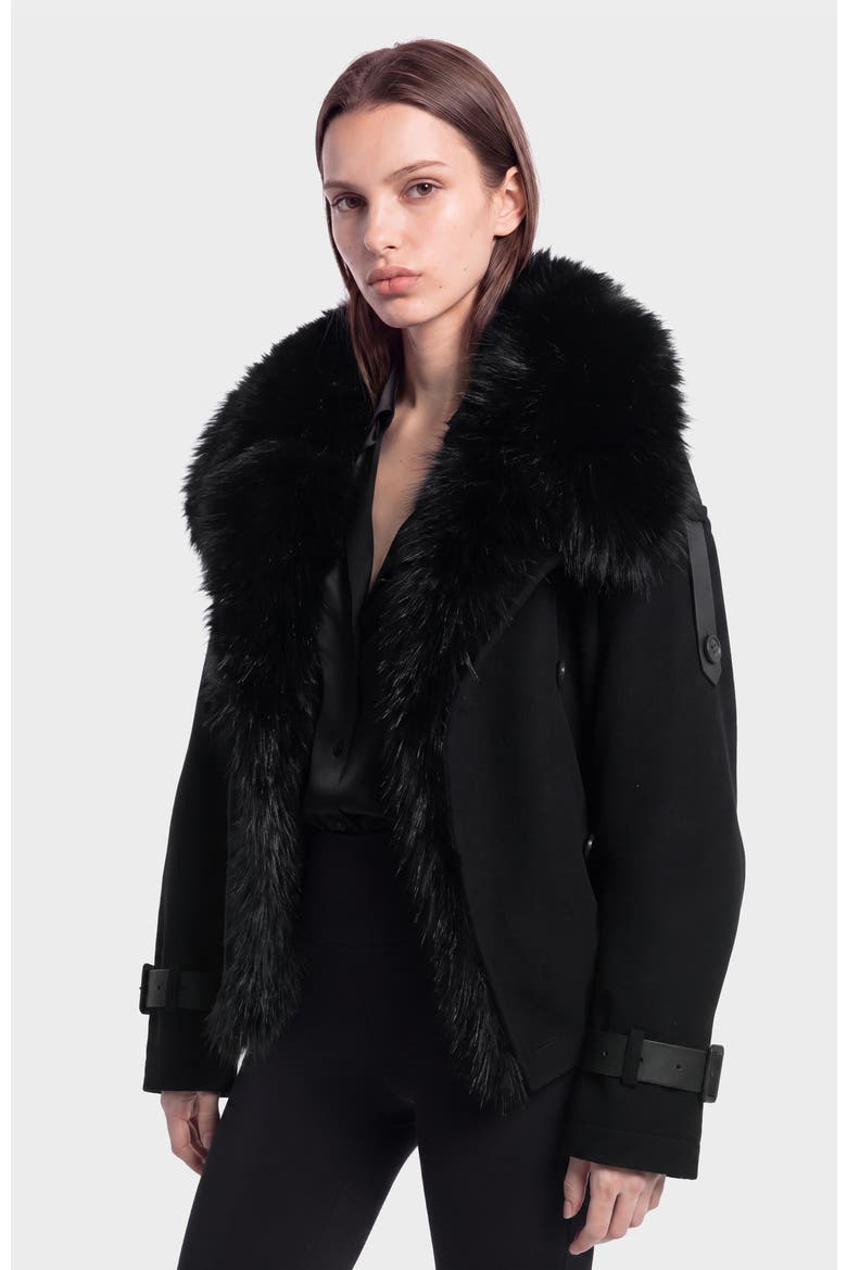 Maemi Wool Bomber with Faux Fur Collar, Alternate, color, Black