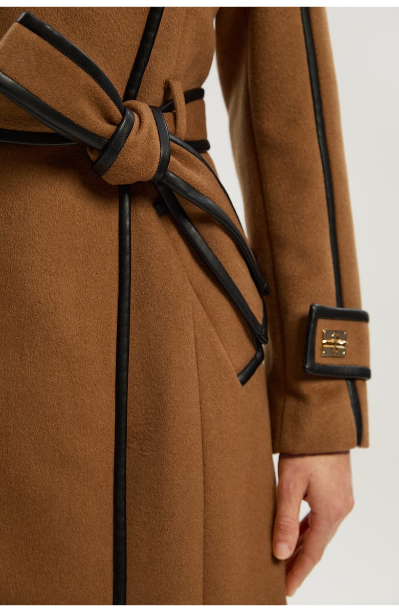 Karen Millen Wool PU Belted Midi Coat, Alternate, color, Camel