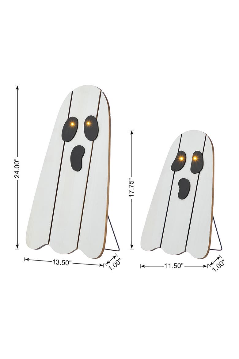 Set of 2 Halloween Lighted Wooden White Ghost Porch Decor with Timer, Alternate, color, White