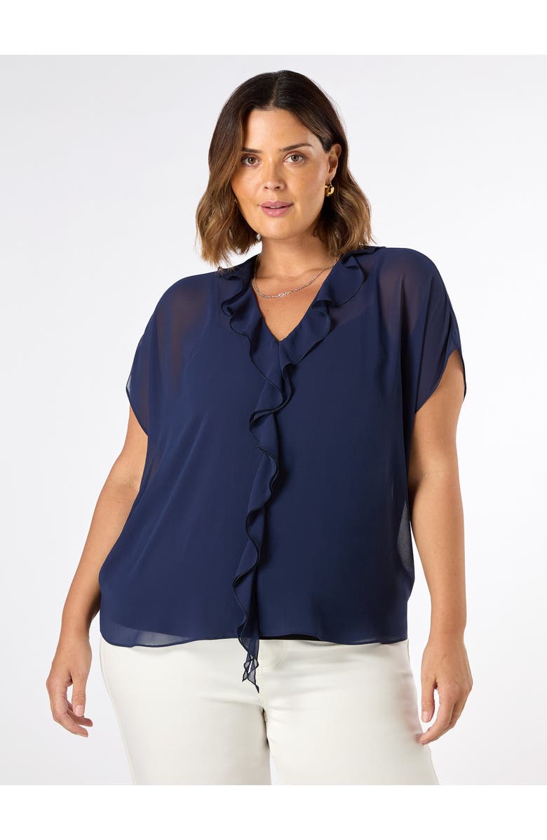 Live Unlimited Chiffon Ruffle Short Sleeve Blouse, Main, color, Navy