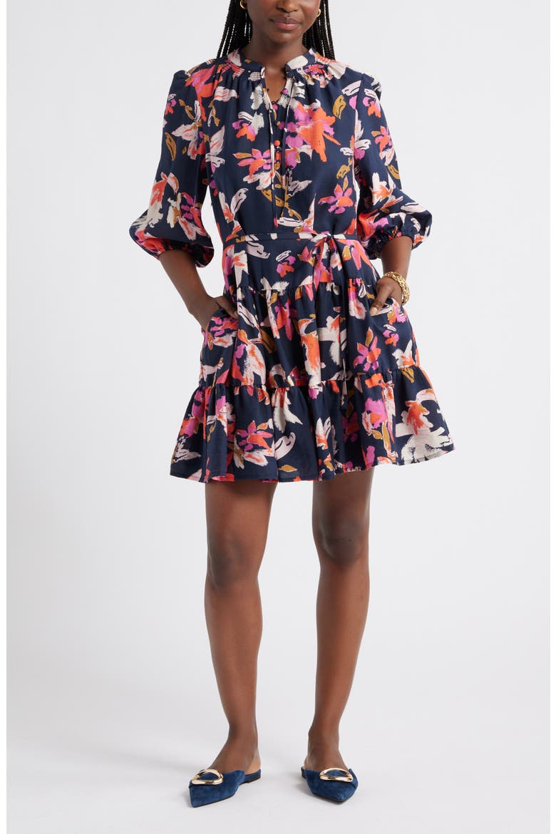 Tie Neck Tiered Dress, Main, color, NAVY- PINK LUCY FLORAL